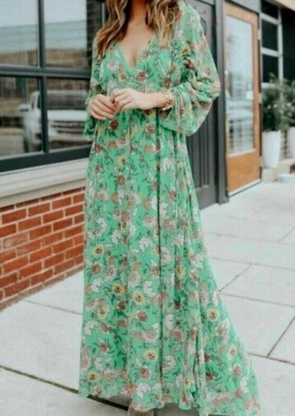 Free People Small Green Floral Boho Maxi Dress